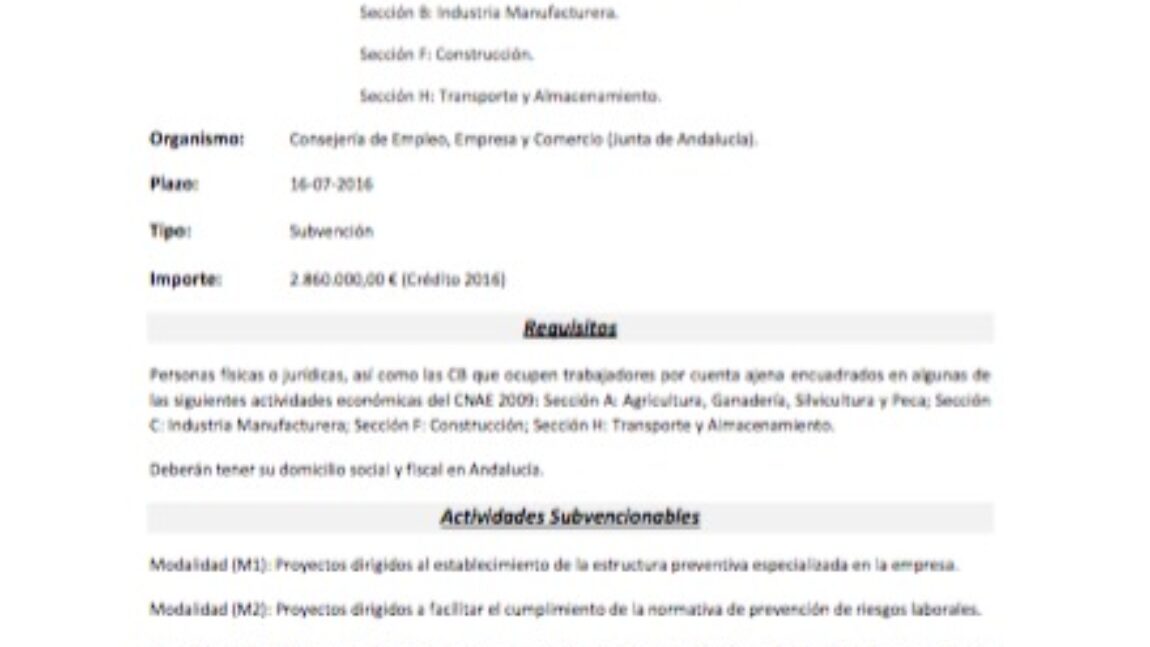 Circular 20: subvenciones Pymes y autónomos para inversiones en PRL